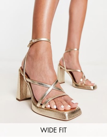 Wide Fit Nashville strappy platform block heeled sandals in gold