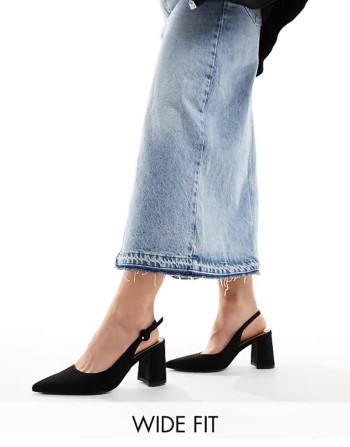 Wide Fit Sutton slingback mid block heeled shoes in black suedette