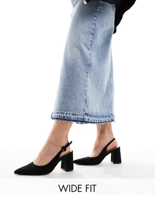 Wide Fit Sutton slingback mid block heeled shoes in black suedette