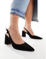 Wide Fit Sutton slingback mid block heeled shoes in black suedette
