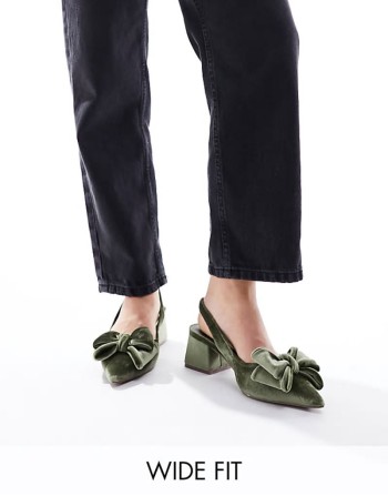 Wide Fit Symphony bow slingback mid block heeled shoes in sage green velvet - PISTACHIO