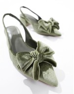 Wide Fit Symphony bow slingback mid block heeled shoes in sage green velvet - PISTACHIO