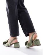 Wide Fit Symphony bow slingback mid block heeled shoes in sage green velvet - PISTACHIO