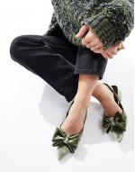 Wide Fit Symphony bow slingback mid block heeled shoes in sage green velvet - PISTACHIO