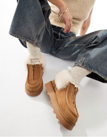 Real Sheepskin Zip Up Ankle Boot in Chestnut