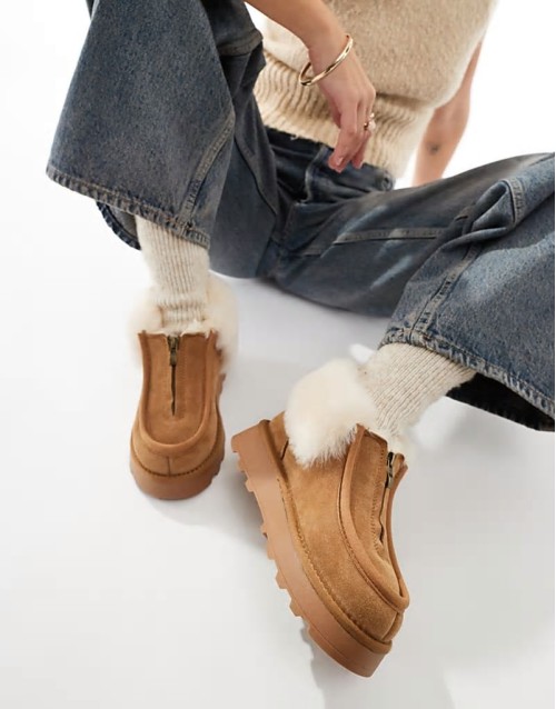 Real Sheepskin Zip Up Ankle Boot in Chestnut