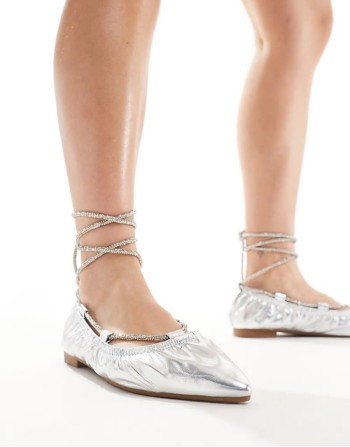 Benicio embellished ankle strap ballet flats in silver metallic