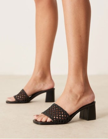 Honeycomb weave detail mid heeled mules in black